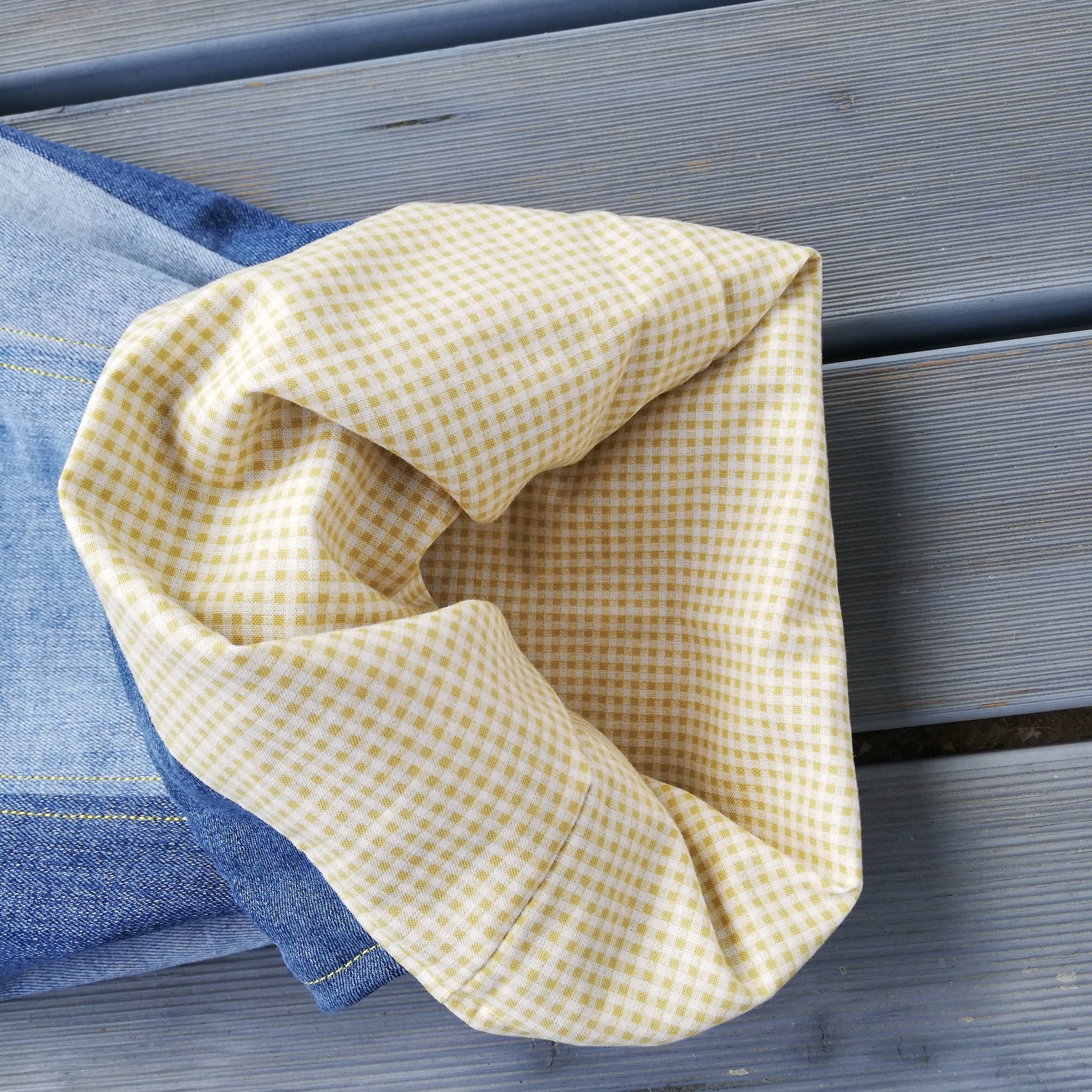 Turnbeutel, Rucksack mit Kordelzug, Jeanstasche, Jeans upcycling, Innenfutter – Bild 4